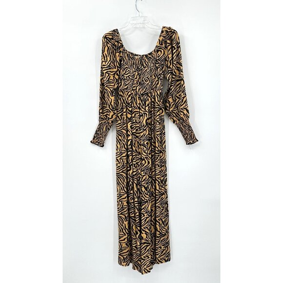 KACHEL BY ANTHROPOLOGIE tiger jumpsuit smocked wide leg long sleeve brown 6 - Picture 2 of 9
